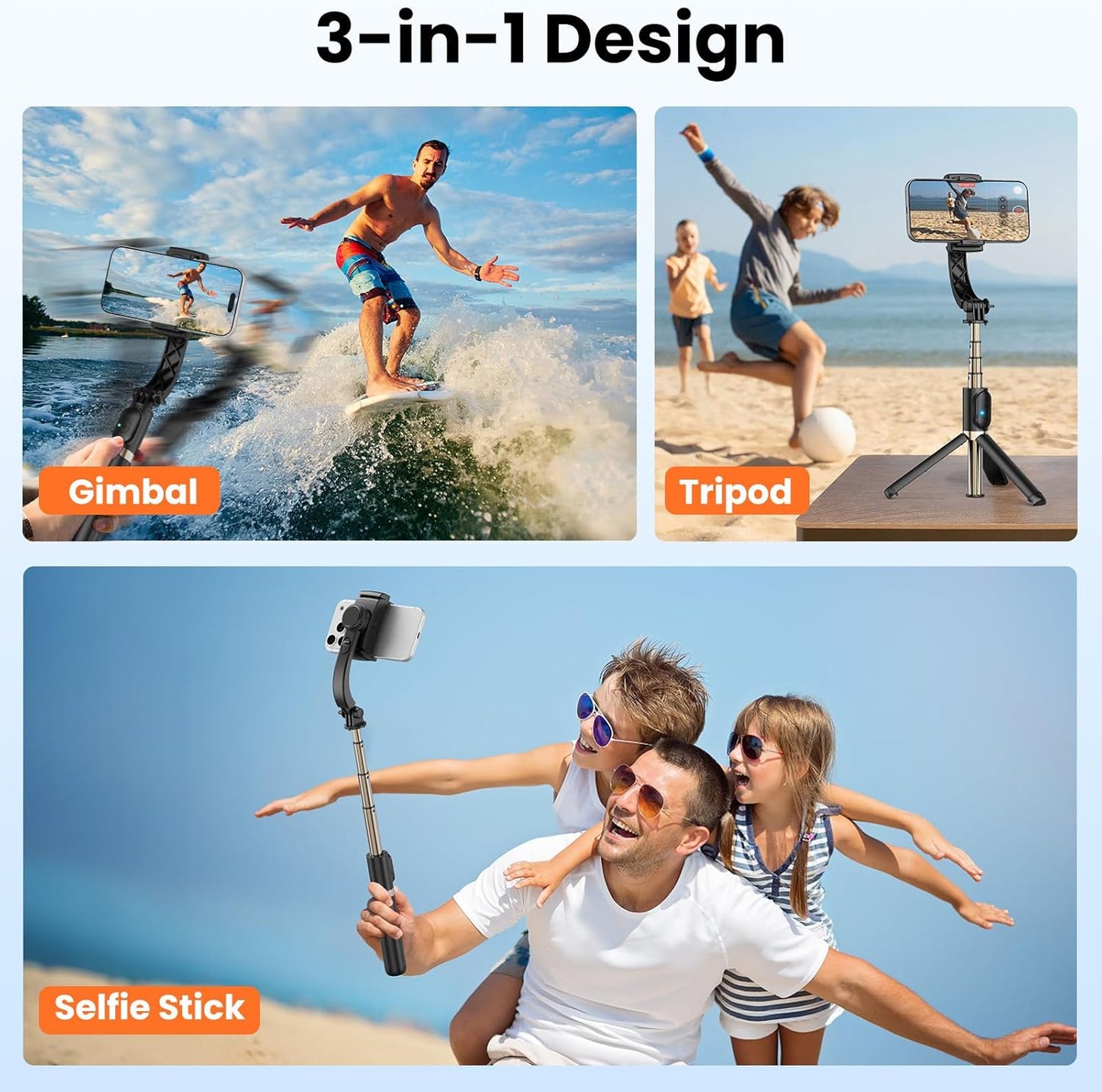 Smartphone Gimbal Stabilizer, 1-Axis Auto Balance & 360° Rotation, Extendable Aluminum Selfie Stick Tripod with Remote Control for iPhone & Android