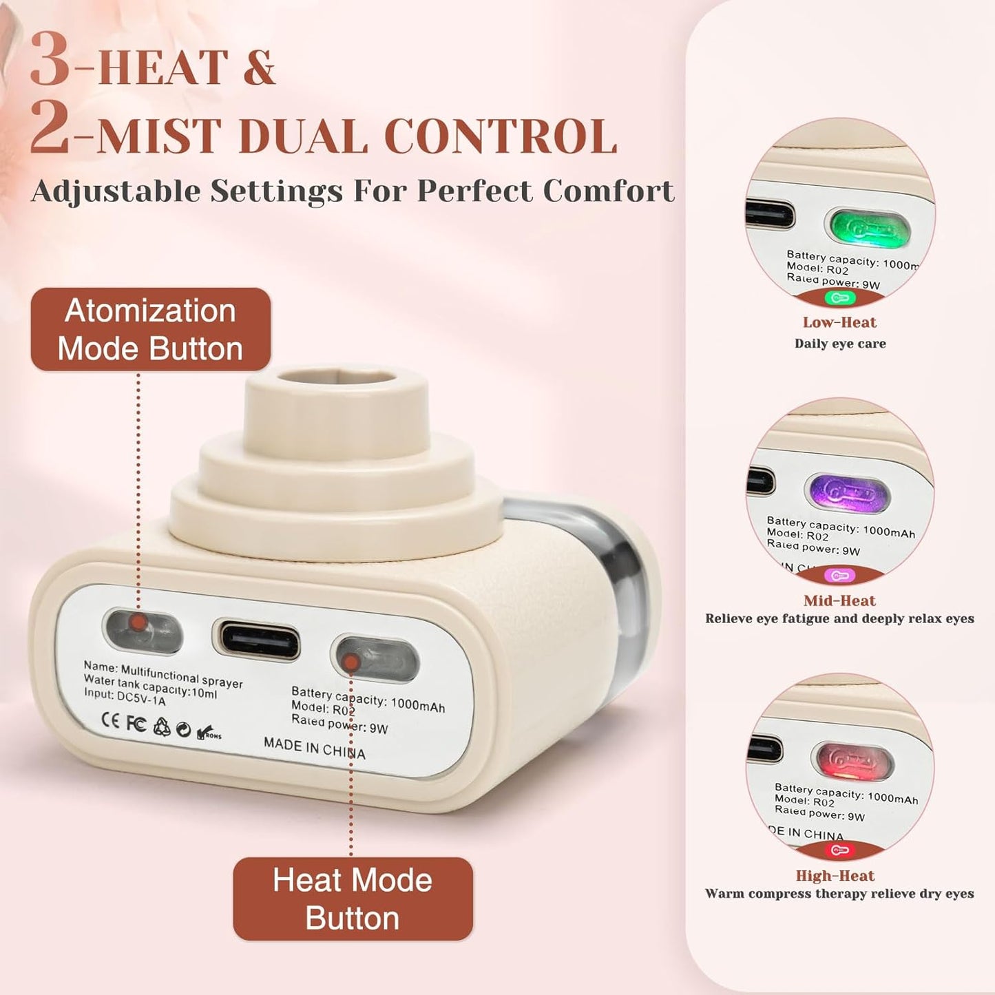 Portable Heated Eye Steamer for Dry Eyes - 3 Heat Settings, Warm Moist Heat Therapy to Restore Natural Tears, Dry Eye Relief Sprayer