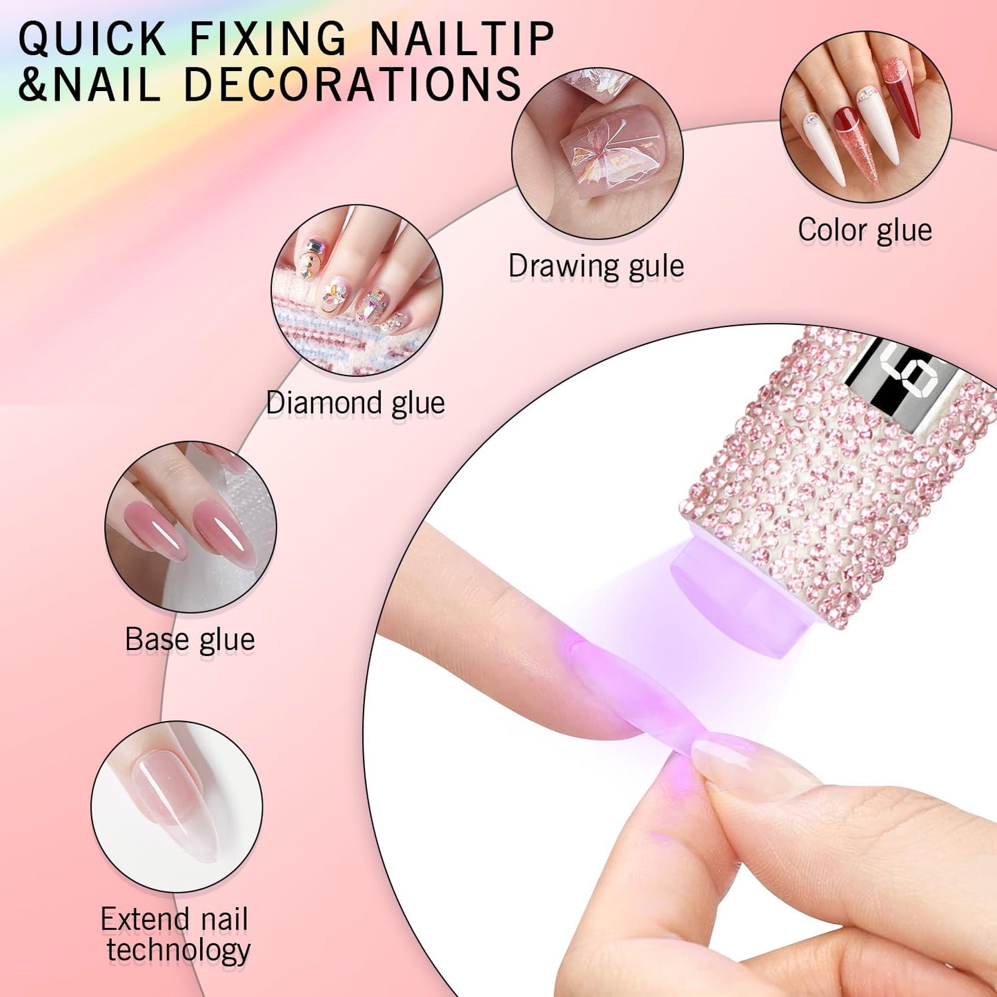 Handheld UV Light for Gel Nails, Glitter UV Nail Lamp, Cordless Portable Mini Gel Nail Lamp for Fast Curing, Rechargeable LCD Polish Nail Dryer