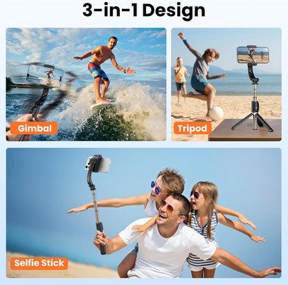 Smartphone Gimbal Stabilizer, 1-Axis Auto Balance & 360° Rotation, Extendable Aluminum Selfie Stick Tripod with Remote Control for iPhone & Android