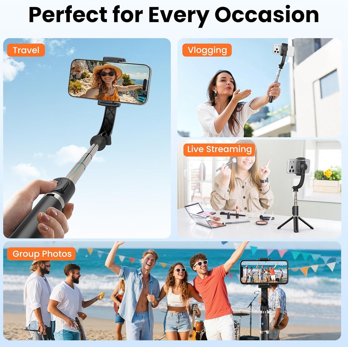 Smartphone Gimbal Stabilizer, 1-Axis Auto Balance & 360° Rotation, Extendable Aluminum Selfie Stick Tripod with Remote Control for iPhone & Android