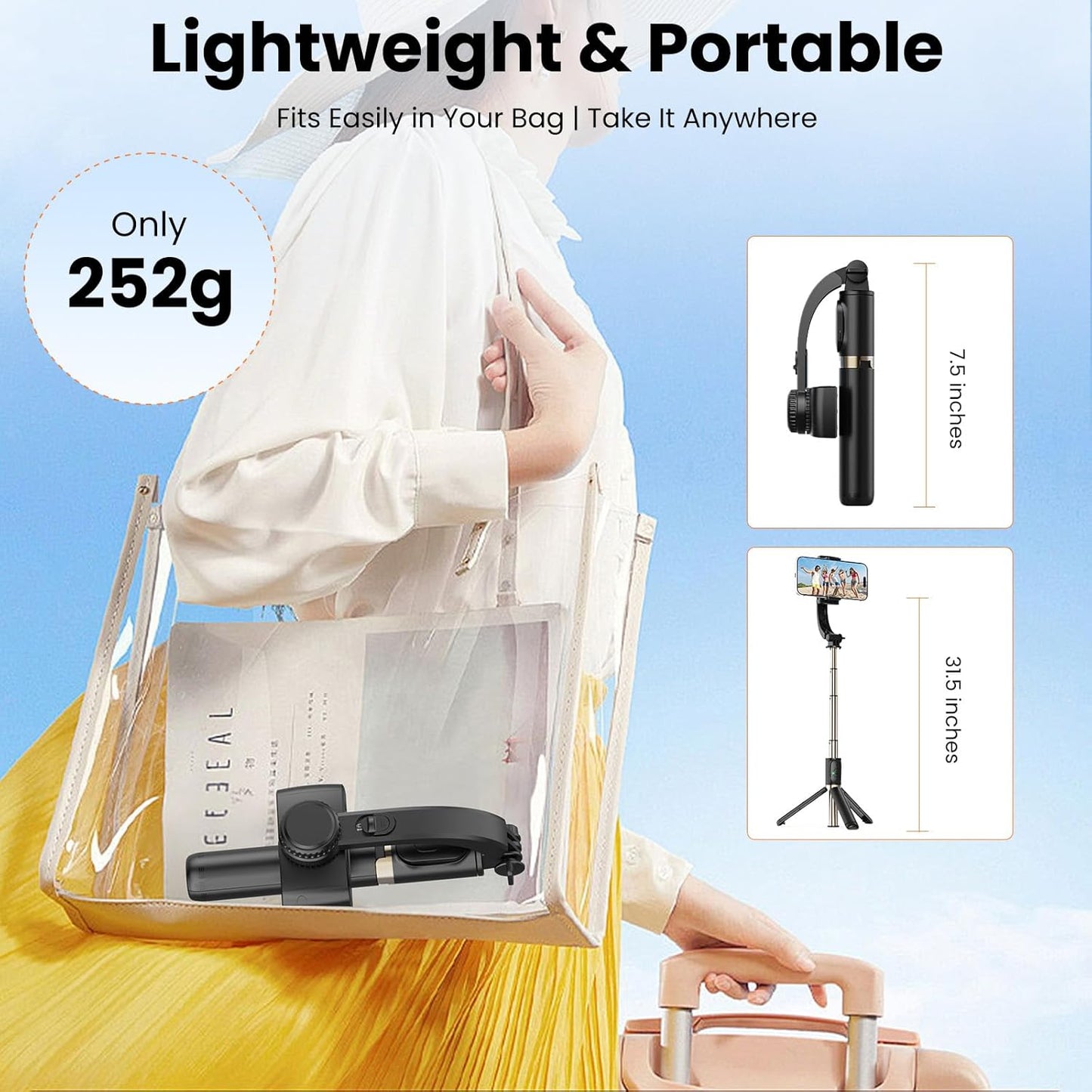 Smartphone Gimbal Stabilizer, 1-Axis Auto Balance & 360° Rotation, Extendable Aluminum Selfie Stick Tripod with Remote Control for iPhone & Android