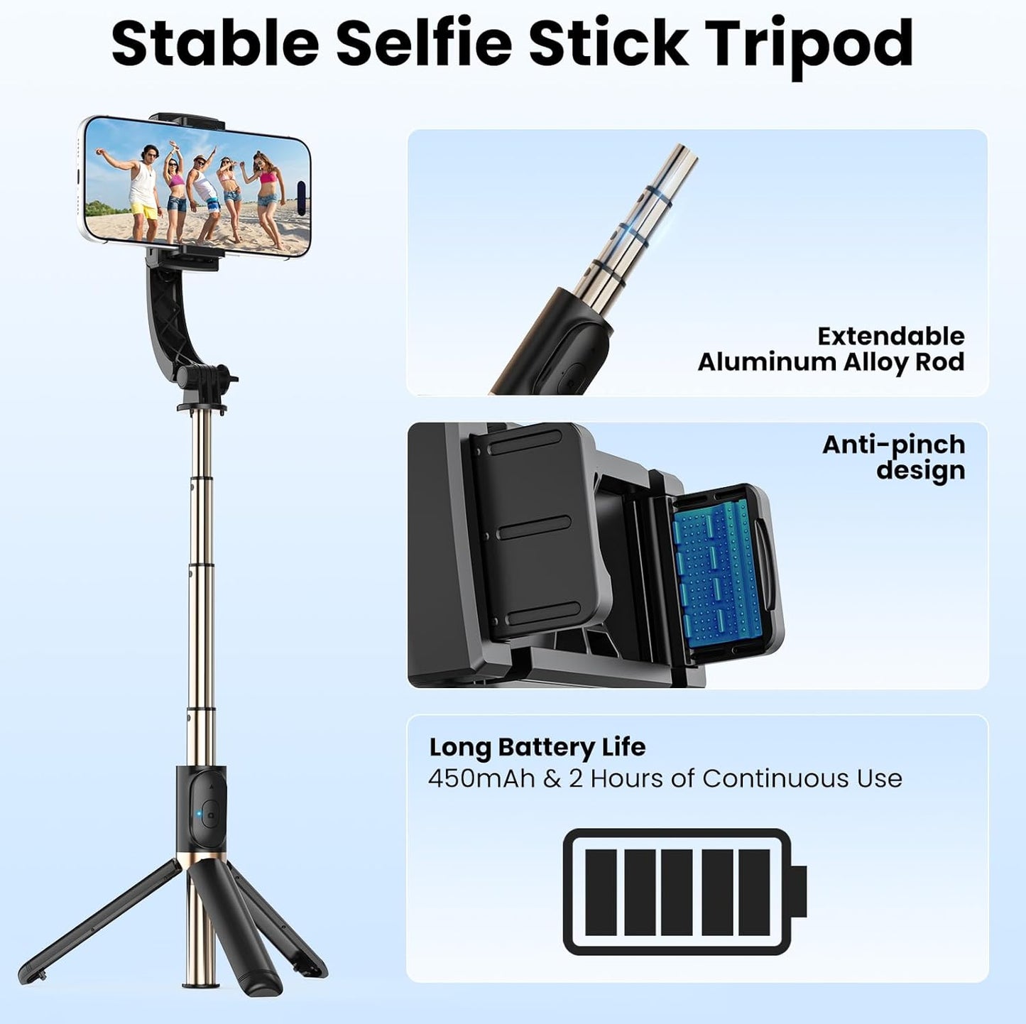 Smartphone Gimbal Stabilizer, 1-Axis Auto Balance & 360° Rotation, Extendable Aluminum Selfie Stick Tripod with Remote Control for iPhone & Android
