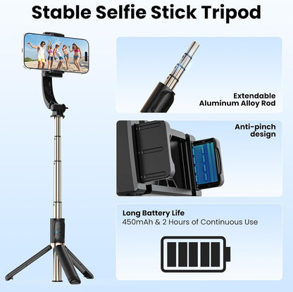 Smartphone Gimbal Stabilizer, 1-Axis Auto Balance & 360° Rotation, Extendable Aluminum Selfie Stick Tripod with Remote Control for iPhone & Android