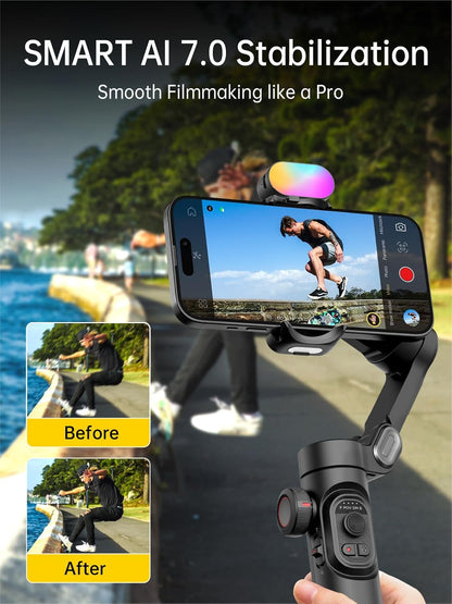 Phone Gimbal Stabilizer 3-Axis Smartphone Foldable Handheld Gimbal for iPhone with Focus Wheel TikTok YouTube Vlog Stabilizer for iPhone17 16 15 14 13 Pro Max Android-Smart XE