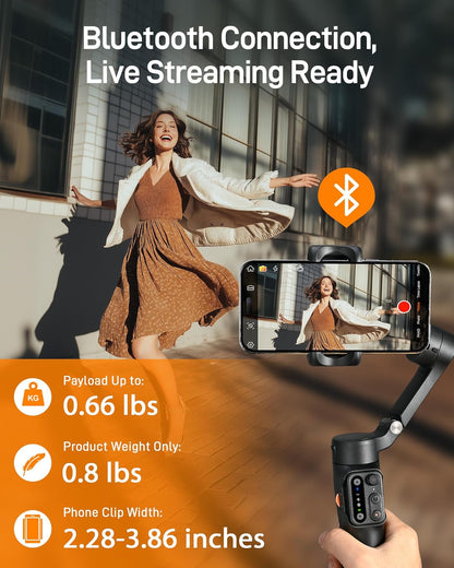 Gimbal Stabilizer for iPhone, Phone Stabilizer with Detachable Remote Control, Portable Foldable 3-Axis Phone Gimbal for Android